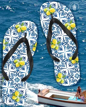 Italy Flip Flops, blue tiles and lemons, Italy lemons, Italy tiles, Italy beach, Italy traveller, Italy vacation, Italy gift, Italy maiolica