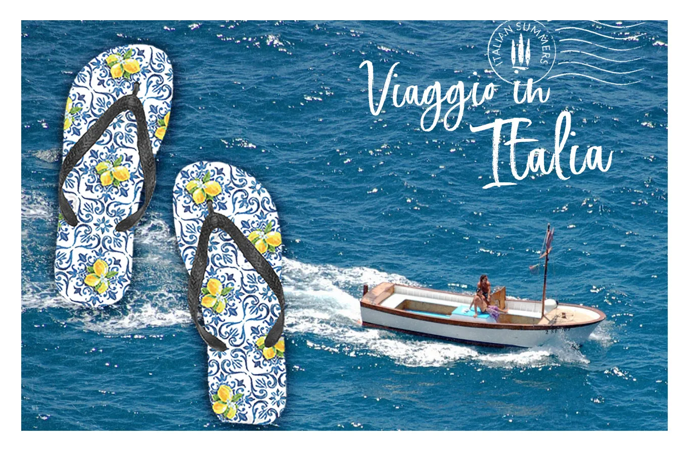 Italy Flip Flops, blue tiles and lemons, Italy lemons, Italy tiles, Italy beach, Italy traveller, Italy vacation, Italy gift, Italy maiolica