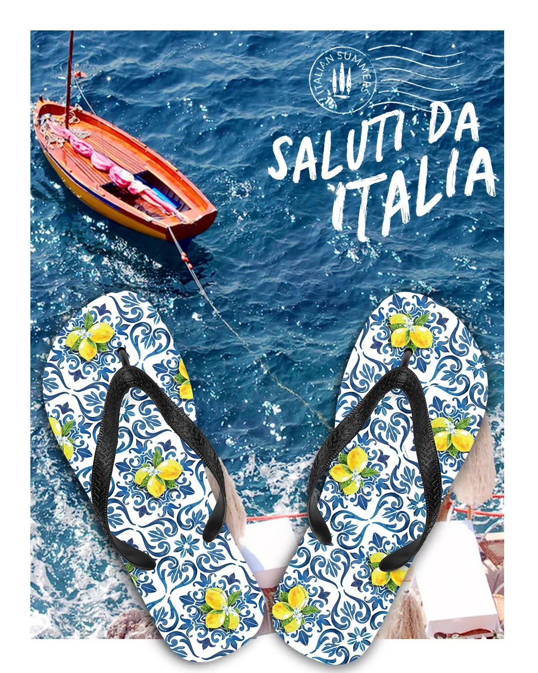 Italy Flip Flops, blue tiles and lemons, Italy lemons, Italy tiles, Italy beach, Italy traveller, Italy vacation, Italy gift, Italy maiolica