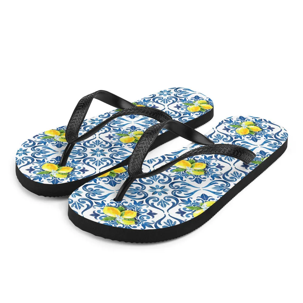 Italy Flip Flops, blue tiles and lemons, Italy lemons, Italy tiles, Italy beach, Italy traveller, Italy vacation, Italy gift, Italy maiolica